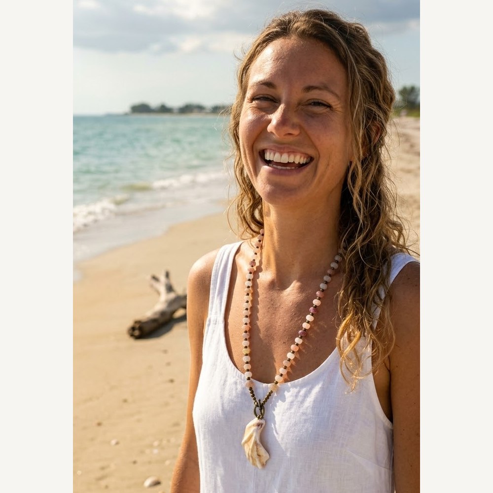 Athena necklace of soft pink and mauve stone rondelles with a cream beach shell pendant, worn on the beach