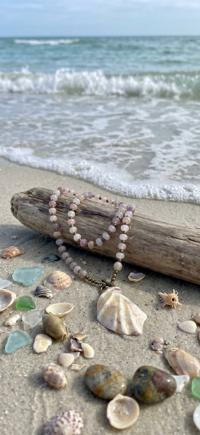 Athena necklace draped over driftwood at the water's edge with seashells