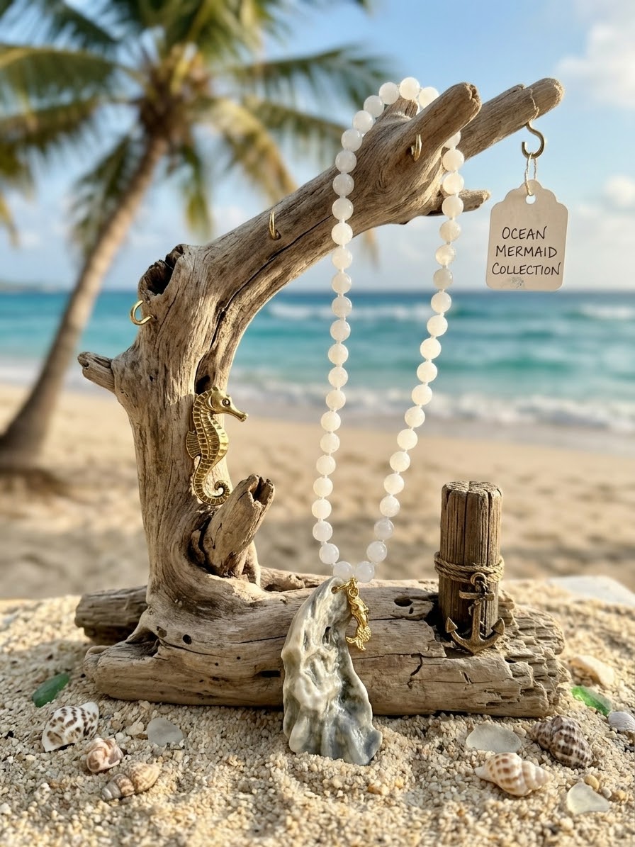 Hera necklace hanging from driftwood on the beach with a seahorse, anchor and Ocean Mermaid Collection tag