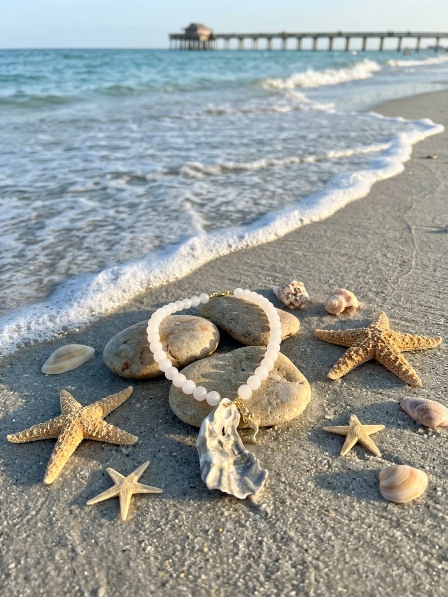 Hera necklace resting on stones at the water's edge with starfish and shells