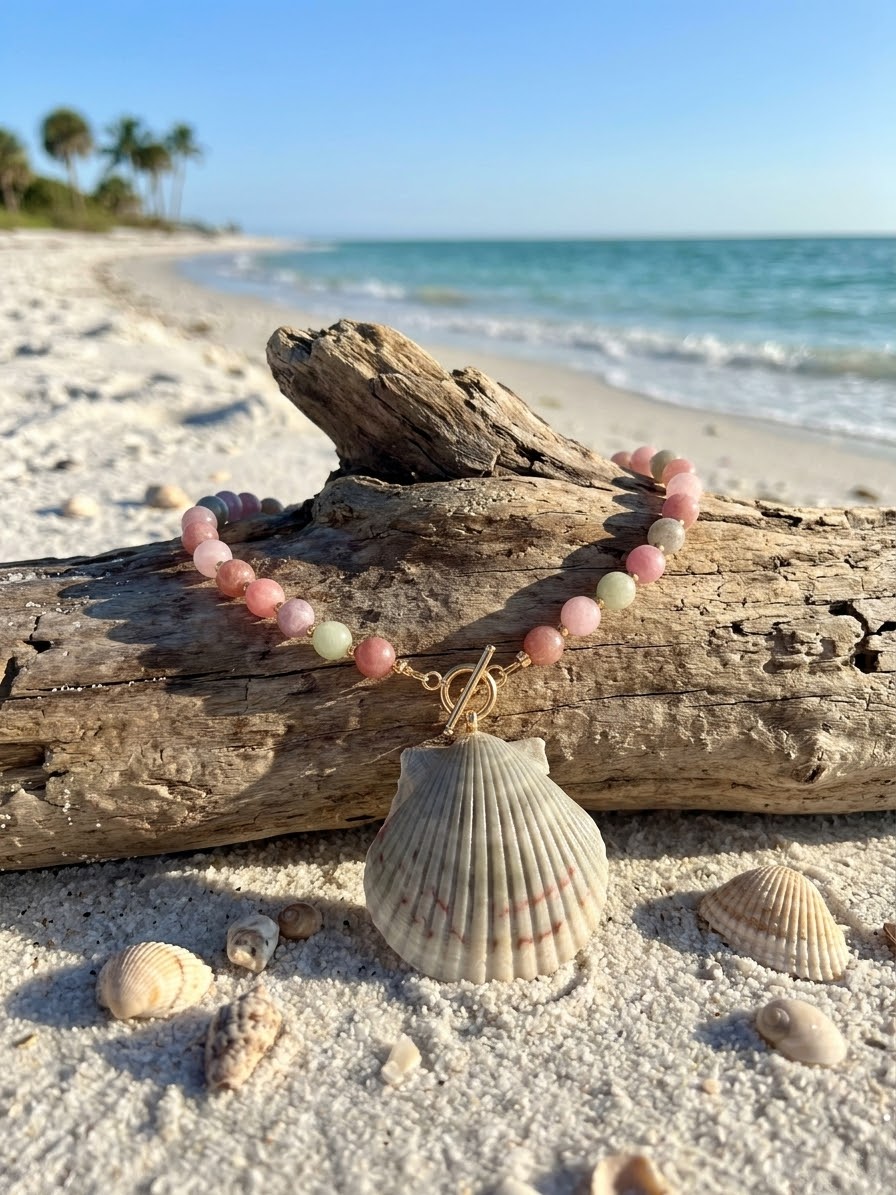 Eos necklace resting on driftwood with seashells on the sand