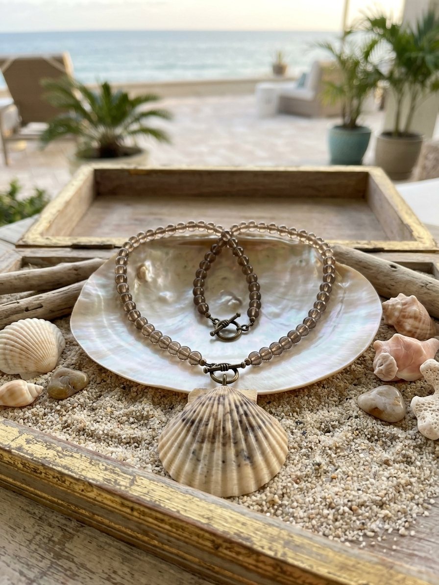 Psamathe necklace resting on a pearly shell with sand, driftwood and seashells