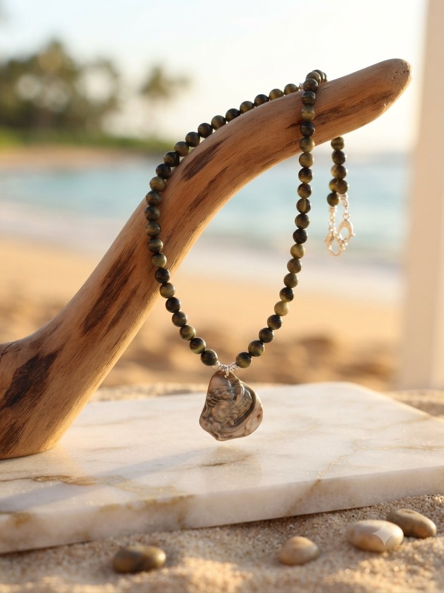 Glauce necklace hanging on driftwood by the beach